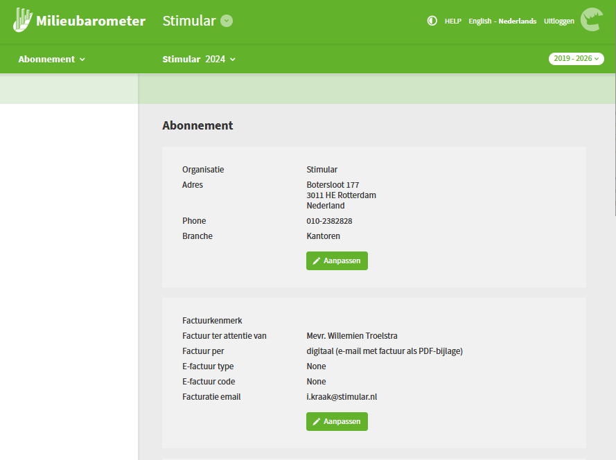 Beheer abonnement bedrijfsgegevens